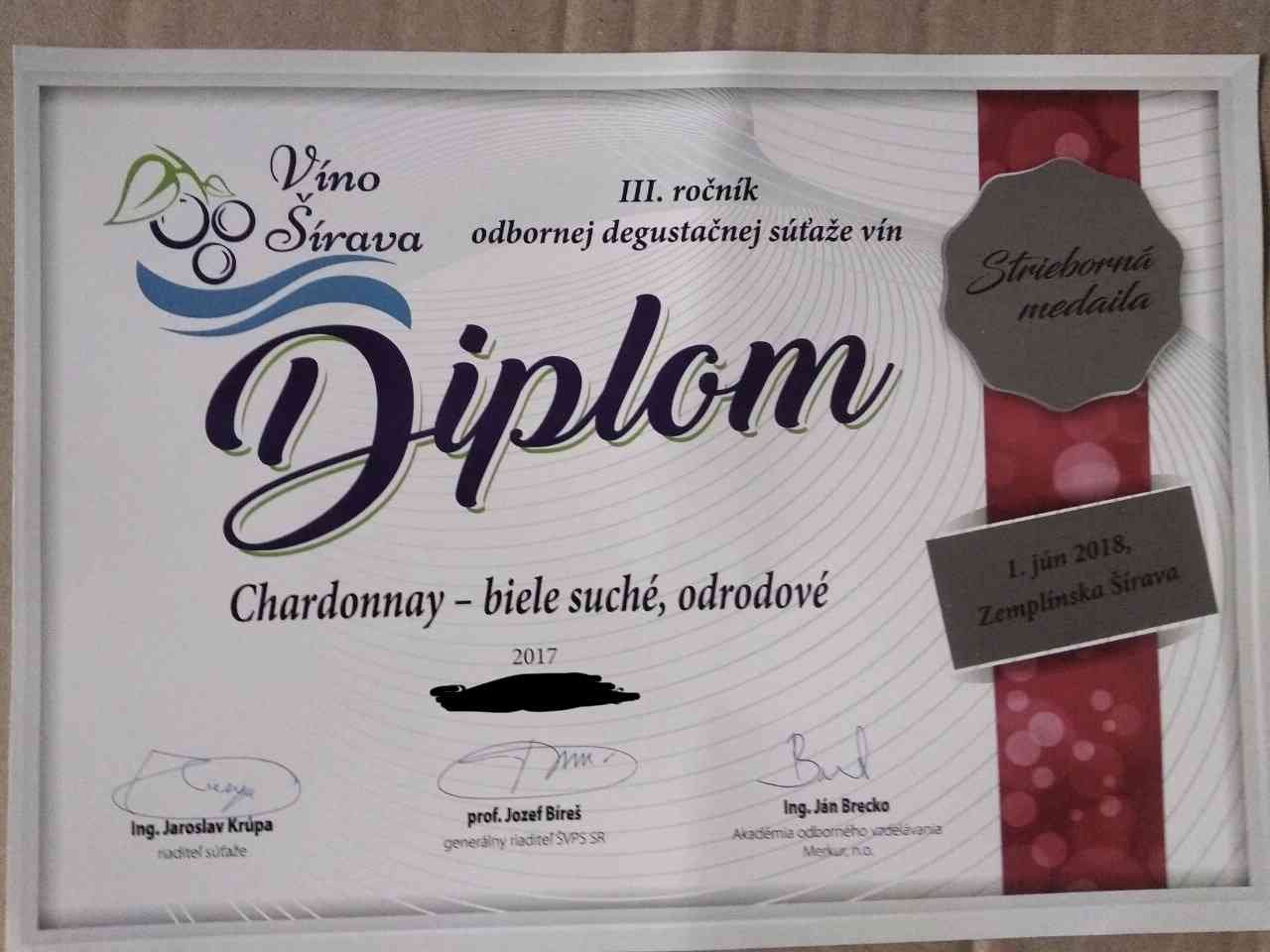 Награда серебряной медалью за вино Шардоне на третьей ежегодной дегустации вин в Словакии